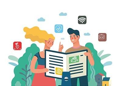 Couple reading a newspaper with digital icons around