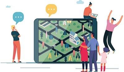 People watching a screen showing a village