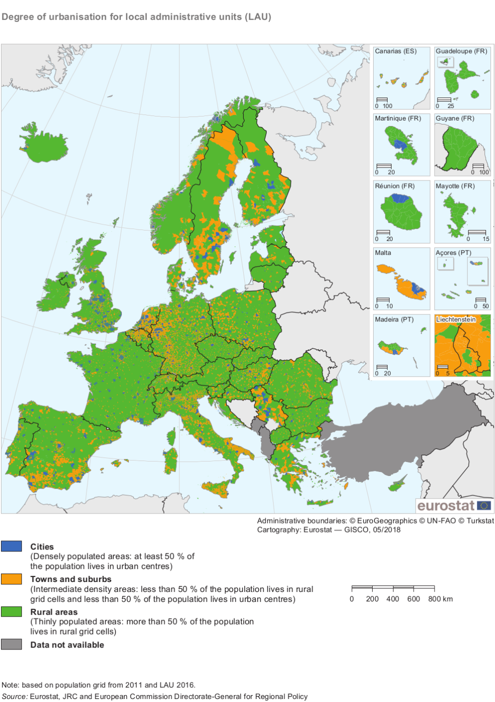 Map of local administrative units showing degree of urbanisation