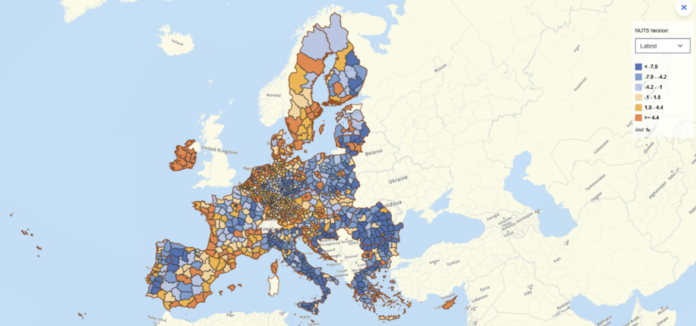 Map of Europe on total crude rate of population change (2000-2020)
